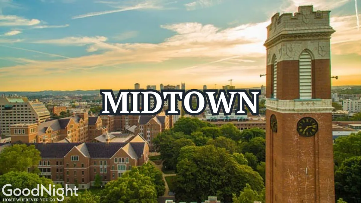 A panoramic view showcasing the clock tower, city skyline, green trees, and surrounding buildings. The scene suggests a welcoming neighborhood atmosphere and offers a sense of place, as well as the proximity to Nashville's attractions mentioned in the section.